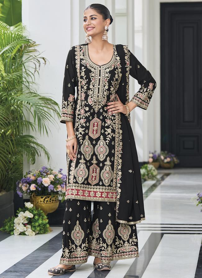 Chinnon Black Wedding Wear Zari Work Readymade Plazzo Suit